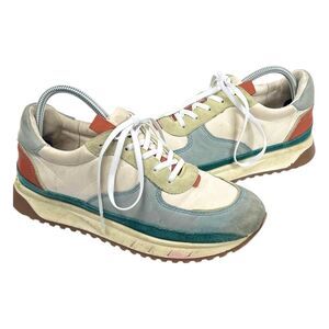 Madewell women’s size 9 blue white leather cotton lace up kick off trainer shoes